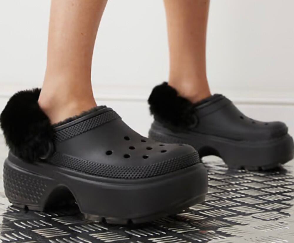 Crocs Faux Fur Lined Platform Clogs All Black Vegan Lug Sole Unisex M5 W7